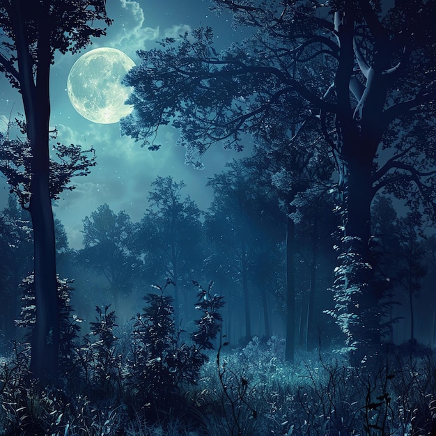 Photo mysterious nighttime forest illuminated by moonlight