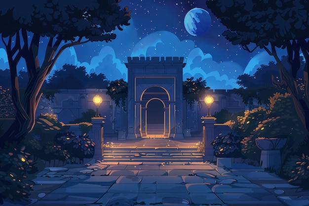 Mysterious Nighttime Gateway in a Fantasy Garden