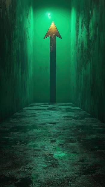 A mysterious pathway illuminated by a glowing green arrow guiding the way through a dark narrow corridor