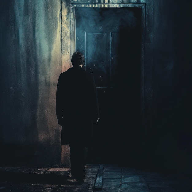 A mysterious person near the door with a tense horror old house atmosphere equipped with smoke