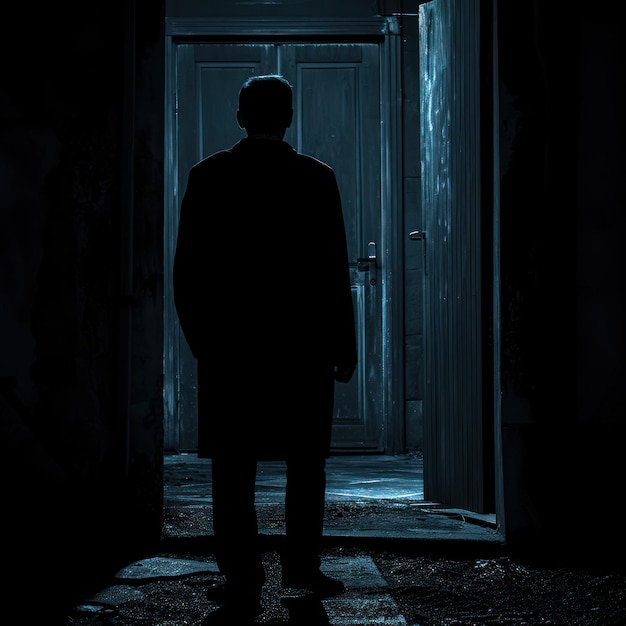 A mysterious person near the door with a tense horror old house atmosphere equipped with smoke