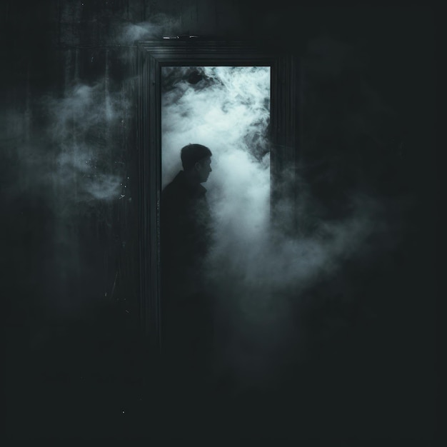 A mysterious person near the door with a tense horror old house atmosphere equipped with smoke