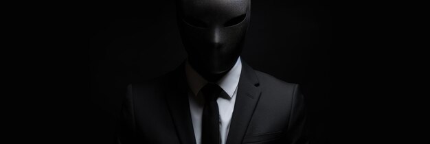 Mysterious person with black mask and suit on dark background anonymous figure in suit with