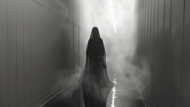 Photo mysterious phantom silhouette floating in foggy hallway haunted spooky eerie atmosphere