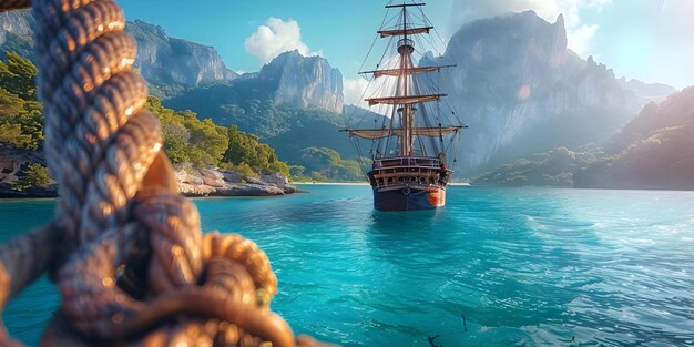 Photo mysterious pirate adventure awaits amidst deep blue sea and hidden treasures concept pirate adventure deep blue sea hidden treasures mysterious journey swashbuckling fun