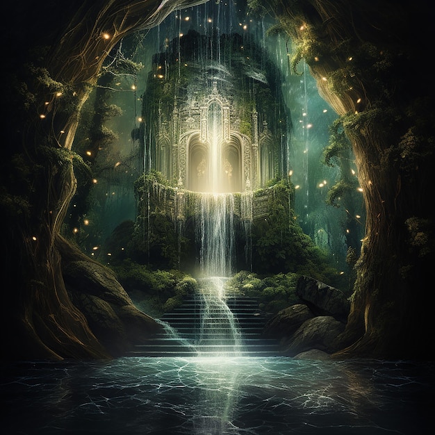 A mysterious portal shimmering behind a waterfall