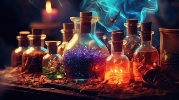 Mysterious potion bottles and ingredients