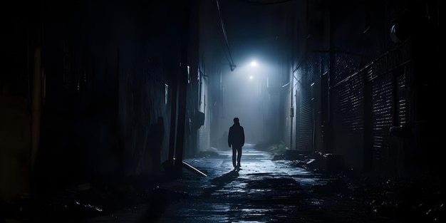 Mysterious Presence in Urban Alleyway Enveloped in Foggy Night Concept Urban Photography Mystery Atmosphere Foggy Night Enigmatic Shadows Cityscape Portrait