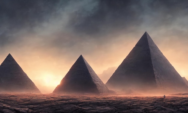 Mysterious pyramids ancient civilization mystical landscape 3d illustration