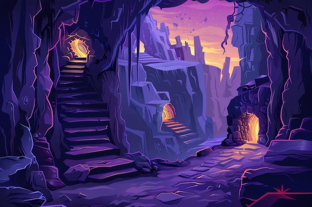 Mysterious Rocky Cave Entrance With Stairs And Glowing Runes