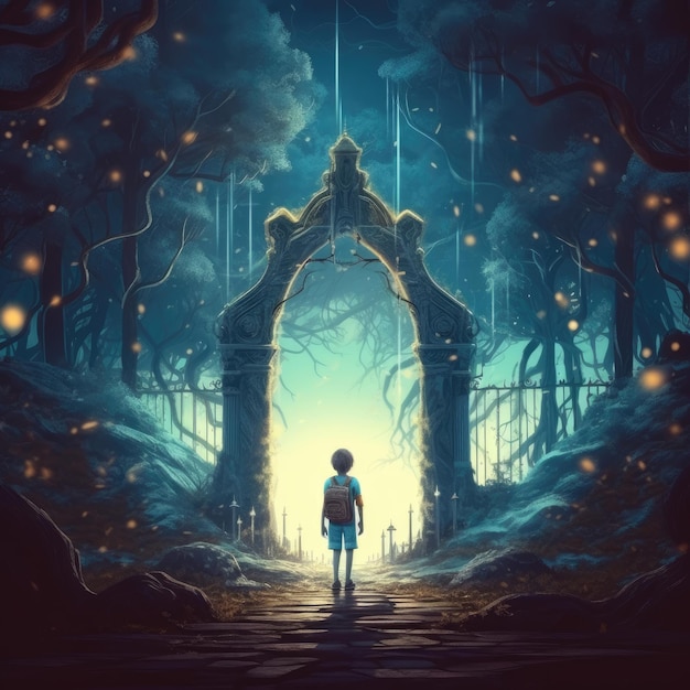 Mysterious scene with a boy standing in front of an entrance to a fantasy forest