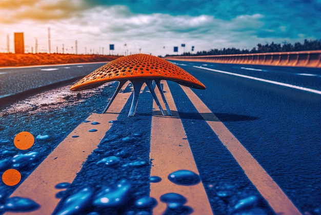 Mysterious scifi alien mushroom growing through the asphalt road Generated AI