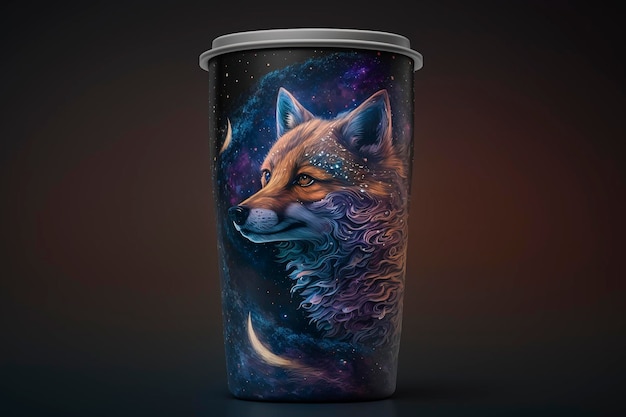 Mysterious scifi feel cup featuring fox elements set in outer space generative ai