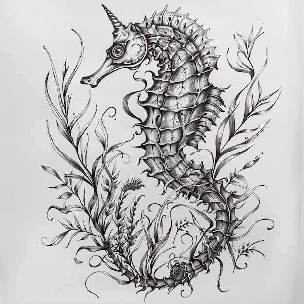 Mysterious Seahorse isolated pencil drawing on white paper artwork