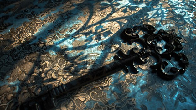 The mysterious shadow of a vintage key casting intricate patterns on a transparent surface hinting at hidden stories and treasures in high