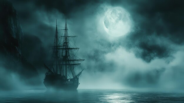 Photo mysterious ship sailing under full moon in foggy sea