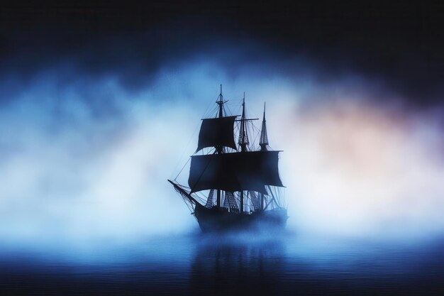 A mysterious ship silhouette shrouded in fog evoking a sense of adventure and intrigue on the open sea