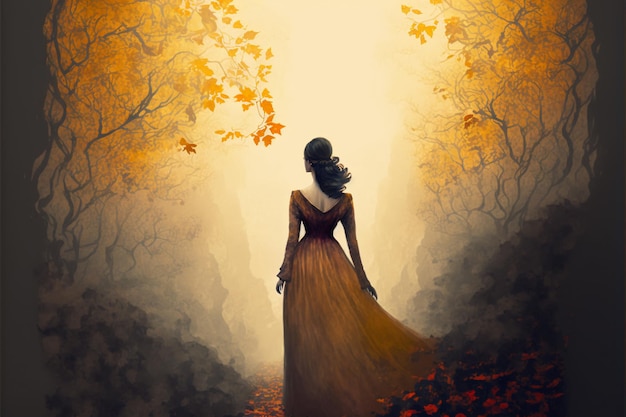 Mysterious silhouette fantasy woman walking in autumn digital painting artwork