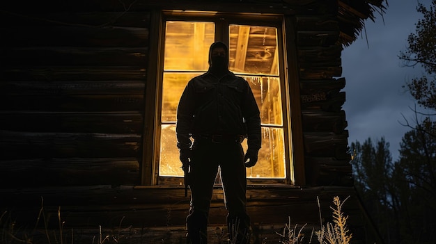 Mysterious Silhouette of Man in Front of Glowing Window of Abandoned Cabin at Night