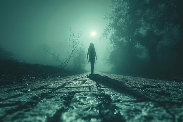 Mysterious Silhouette of a Person Walking on a Foggy Path Under Moonlight in a Spooky Atmosphere