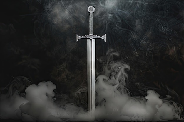 Photo mysterious silver sword in gothic setting with smoke medieval theme