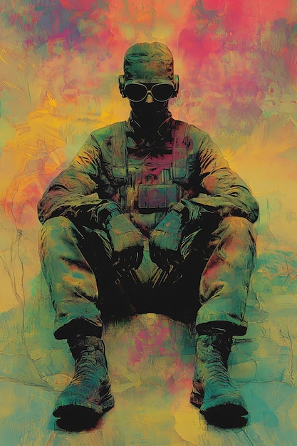 Photo mysterious soldier in a psychedelic landscape