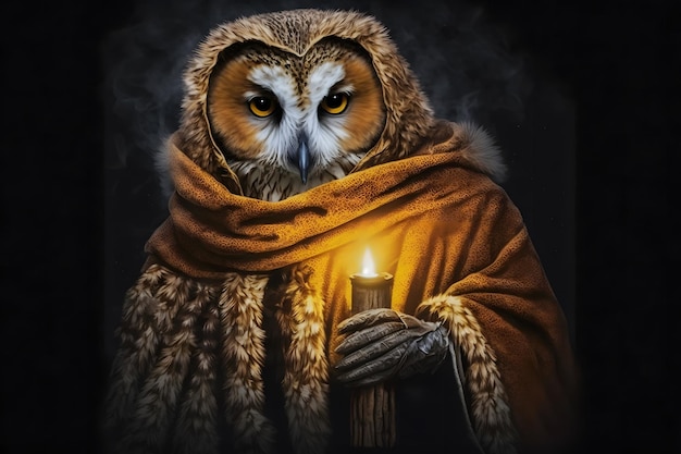 Mysterious sorceress owl The background is a smoky forest in the fog Neural network generated art