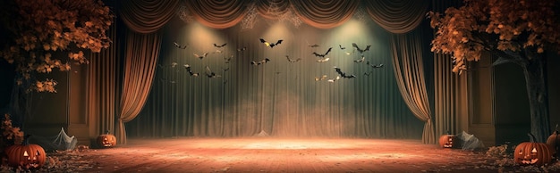 Photo a mysterious stage setting with velvet curtains bats flying spotlights and pumpkins symboli