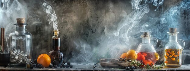 Photo mysterious still life with smoking bottles fruits and herbs on dark background