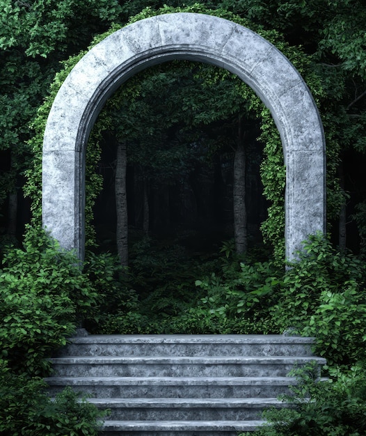 Mysterious stone archway in lush green forest