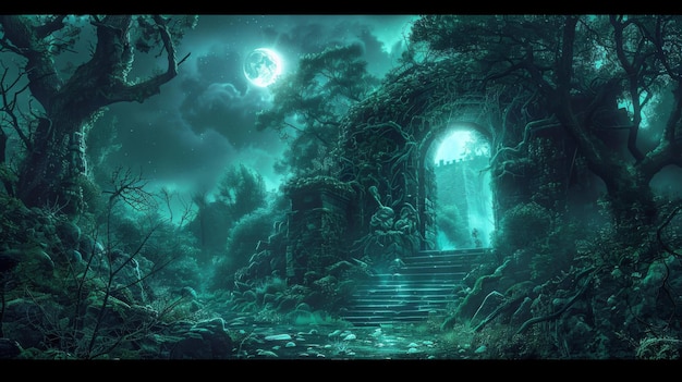 Mysterious Stone Archway In A Moonlit Forest