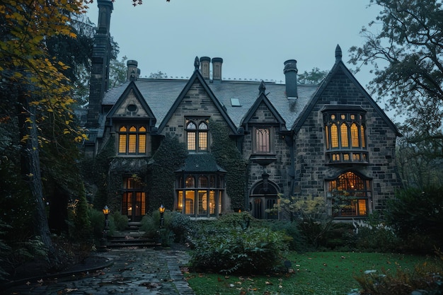 Mysterious Stone House with Glowing Windows