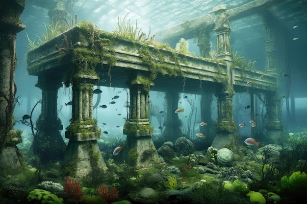 Mysterious submerged city engulfed in sea plants created with generative ai