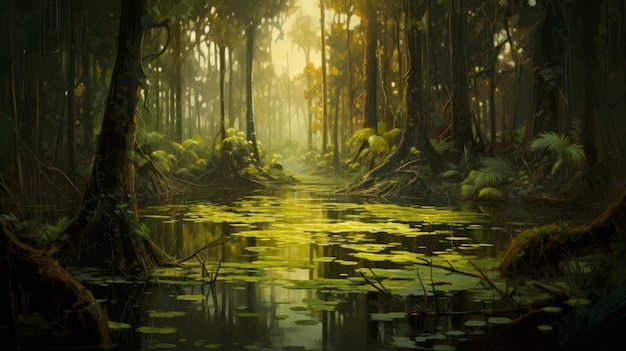 Mysterious Swamp Impressionistic Oil Illustration In Raphael Lacoste Style