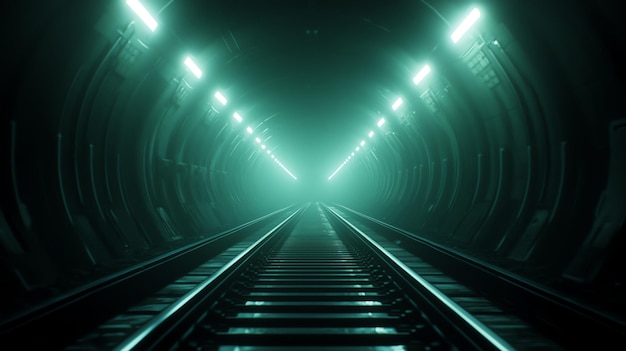 Photo a mysterious train tunnel illuminated by green lights creating an ethereal atmosphere and a sense of depth and exploration