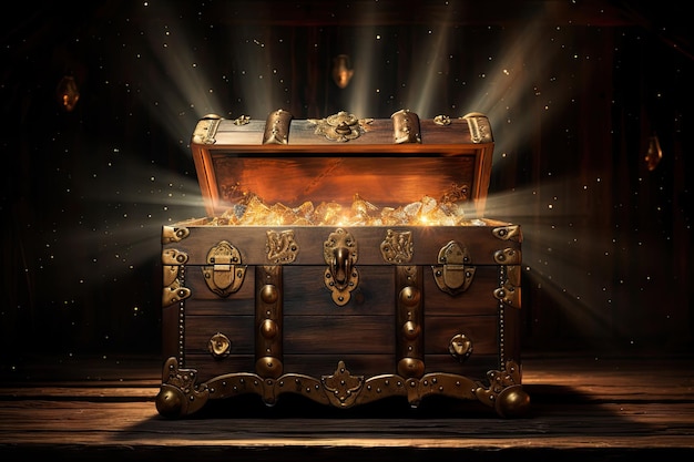 Mysterious treasure chest on wooden table with magical light and dark backdrop