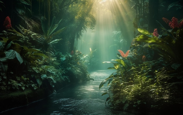 Mysterious tropical rainforest glows with lush greenery