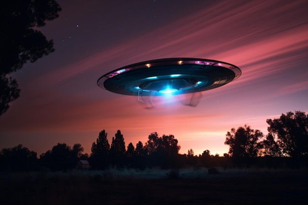 Mysterious UFO sighting in the twilight sky emitting an iridescent glow and mesmerizing light