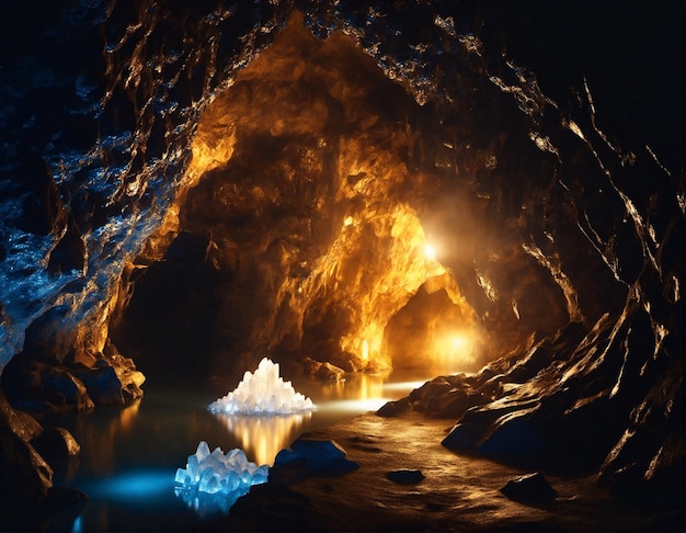 Mysterious underground cave with glowing crystals and river dark underground landscape