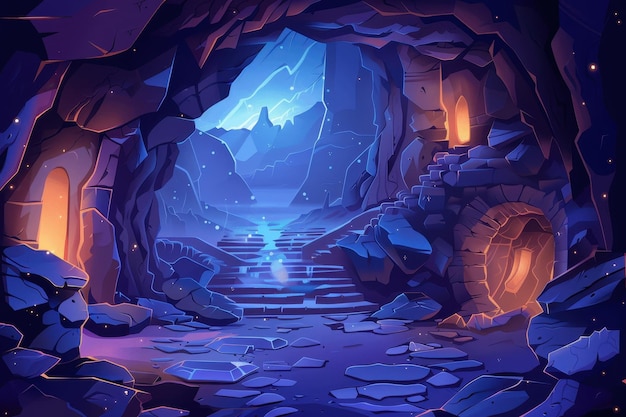 Mysterious Underground Cavern with Glowing Runes and Ancient Artifacts