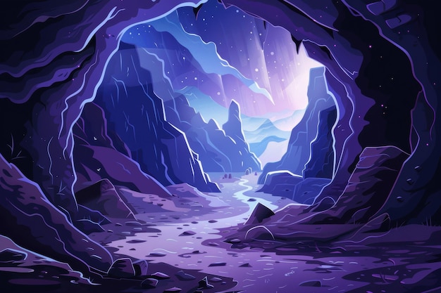 Mysterious Underground River Cave with Rocky Formations and Glowing Crystals