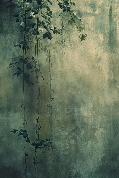 Mysterious wall with wild flowers hanging down misty weather impressionist