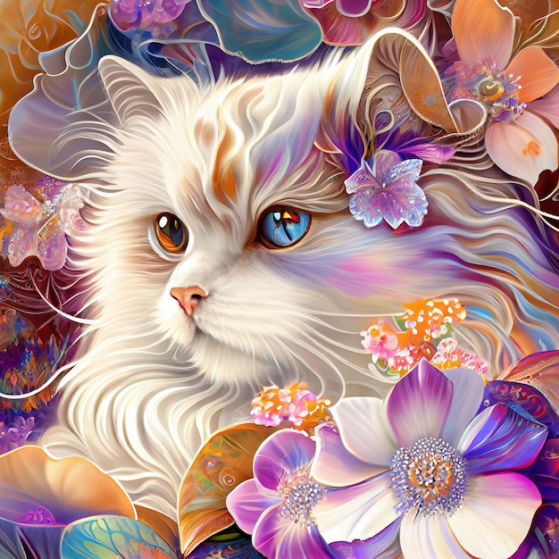 Mysterious white cat with blue eyes Cute mystical cat in flowers