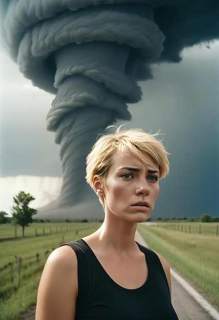 Photo mysterious white tornado engulfs woman in soft black tshirt