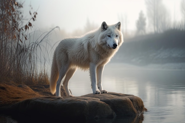 Mysterious Winter Scene A Beautiful White Wolf Standing on a Rock Next to a Misty Lake