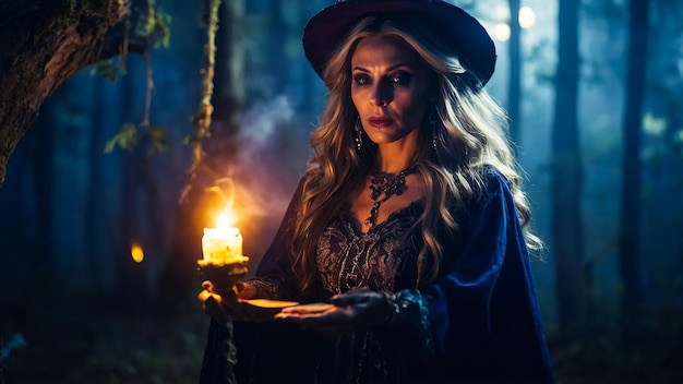 Mysterious Witch Conjuring Spells Under Moonlight In Enchanted Forest