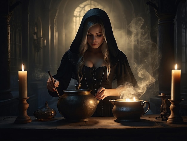 Photo mysterious witch stirring bubbling potion in dark forest a enchantress brewing a magical