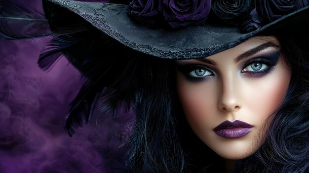 Photo mysterious witch with purple eyes and smokey makeup