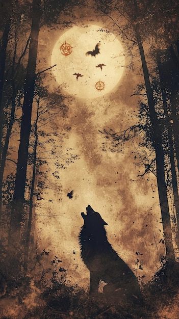 Photo a mysterious wolf howls under a full moon in a dark forest surrounded by flying bats and an enchanting atmosphere