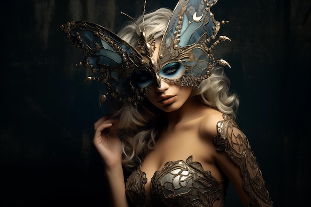 Mysterious woman adorned with an elaborate butterfly mask and ornate attire